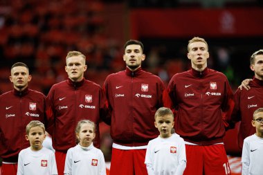 Sebastian Szymanski, Karol Swiderski, Jakub Moder, Adam Buksa, Polonya ve İskoçya milli takımları arasındaki UEFA Uluslar Ligi maçında PGE Narodowy 'de görüldü (Maciej Rogowski)