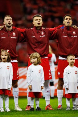 Sebastian Walukiewicz, Kamil Piatkowski, Jakub Kiwior, Polonya ve İskoçya milli takımları arasındaki UEFA Uluslar Ligi maçında PGE Narodowy 'de görüldü (Maciej Rogowski)