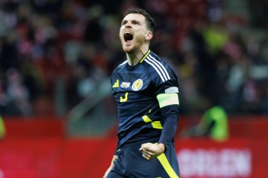 Andy Robertson, Polonya ve İskoçya milli takımları arasında oynanan UEFA Uluslar Ligi maçında gol attıktan sonra PGE Narodowy 'da (Maciej Rogowski)
