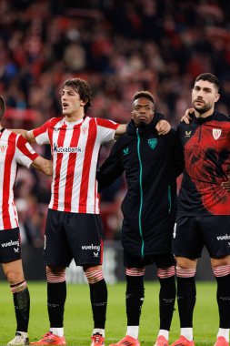 Unai Gomez, Alvaro Djalo, Unai Nunez LaLiga EA Spor Maçı sırasında Estadio de San Mames 'deki Real Madrid FC takımları arasında görüldü (Maciej Rogowski)