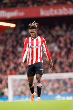 Nico Williams, Estadio de San Mames 'teki Athletic Club ve Real Madrid FC takımları arasında oynanan LaLiga EA SPORTS maçı sırasında görüldü (Maciej Rogowski)