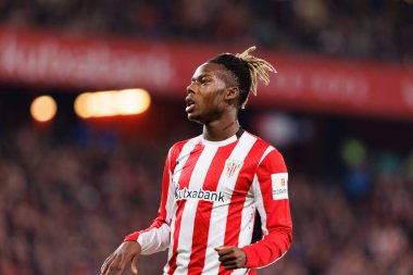 Nico Williams, Estadio de San Mames 'teki Athletic Club ve Real Madrid FC takımları arasında oynanan LaLiga EA SPORTS maçı sırasında görüldü (Maciej Rogowski)