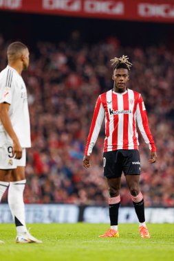 Nico Williams, Estadio de San Mames 'teki Athletic Club ve Real Madrid FC takımları arasında oynanan LaLiga EA SPORTS maçı sırasında görüldü (Maciej Rogowski)