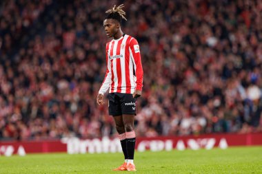 Nico Williams, Estadio de San Mames 'teki Athletic Club ve Real Madrid FC takımları arasında oynanan LaLiga EA SPORTS maçı sırasında görüldü (Maciej Rogowski)