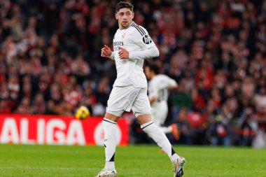 Federico Valverde, Estadio de San Mames 'deki Athletic Club ve Real Madrid FC takımları arasında oynanan LaLiga EA SPORTS maçı sırasında görüldü (Maciej Rogowski)