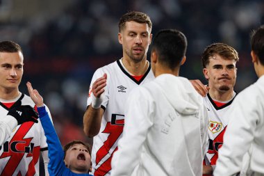 Jorge de Frutos, Florian Lejeune, Estadio de Vallecas 'taki Rayo Vallecano ve Real Madrid FC takımları arasında LaLiga EA Spor Maçı sırasında görüldü (Maciej Rogowski)