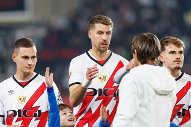 Jorge de Frutos, Florian Lejeune, Estadio de Vallecas 'taki Rayo Vallecano ve Real Madrid FC takımları arasında LaLiga EA Spor Maçı sırasında görüldü (Maciej Rogowski)