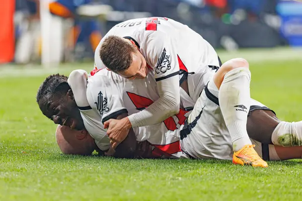 Abdul Mumin, Jorge De Frutos, Estadio de Vallecas 'taki Rayo Vallecano ve Real Madrid FC takımları arasında LaLiga EA SPORTS maçında gol attıktan sonra kutlama yaparken görüldü (Maciej Rogowski)