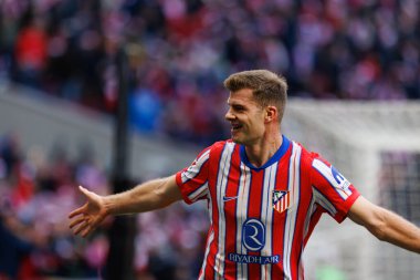 Alexander Sorloth, LaLiga EA SPORTS maçında Estadio Civitas Metropolitano 'daki Atletico de Madrid ve Getafe CF takımları arasında gol attıktan sonra kutlama yaparken görüldü (Maciej Rogowski)
