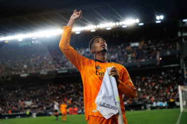 Jude Bellingham, Mestalla Stadyumu 'ndaki Valencia CF ve Real Madrid FC takımları arasındaki LaLiga EA SPORTS maçında gol attıktan sonra kutlama yaparken görüldü (Maciej Rogowski)