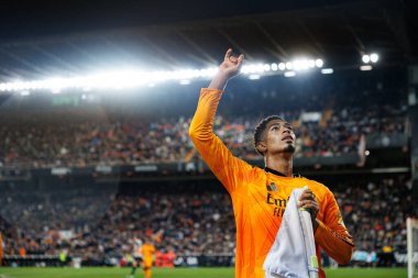 Jude Bellingham, Mestalla Stadyumu 'ndaki Valencia CF ve Real Madrid FC takımları arasındaki LaLiga EA SPORTS maçında gol attıktan sonra kutlama yaparken görüldü (Maciej Rogowski)