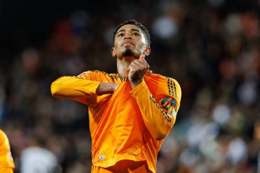Jude Bellingham, Mestalla Stadyumu 'ndaki Valencia CF ve Real Madrid FC takımları arasında oynanan LaLiga EA SPORTS maçında gol attıktan sonra bunu kutluyor. (Maciej Rogowski)