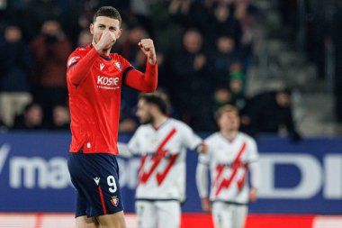 Raul Garcia de Haro, LaLiga EA Spor Maçı 'nda gol attıktan sonra El Sadar' daki Osasuna ve Rayo Vallecano takımları arasında kutlama yaparken görüldü (Maciej Rogowski)