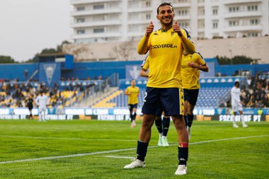 Joao Carvalho, Liga Portekiz maçında GD Estoril Praia ve Vitoria SC takımları arasında attığı gol sonrasında Estadio Antonio Coimbra da Mota 'da (Maciej Rogowski)