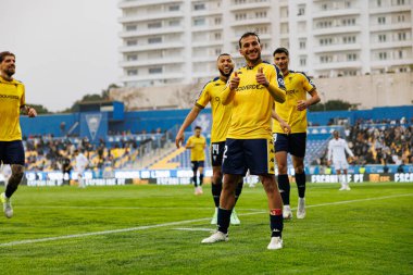 Joao Carvalho, Liga Portekiz maçında GD Estoril Praia ve Vitoria SC takımları arasında attığı gol sonrasında Estadio Antonio Coimbra da Mota 'da (Maciej Rogowski)