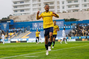 Joao Carvalho, Liga Portekiz maçında GD Estoril Praia ve Vitoria SC takımları arasında attığı gol sonrasında Estadio Antonio Coimbra da Mota 'da (Maciej Rogowski)