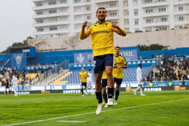 Joao Carvalho, Liga Portekiz maçında GD Estoril Praia ve Vitoria SC takımları arasında attığı gol sonrasında Estadio Antonio Coimbra da Mota 'da (Maciej Rogowski)