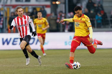 Mikkel Maigaard ve Lamine Diaby-Fadiga, PKO BP Ekstraklasa maçında Krakovia ve Jagiellonia Bialystok takımları arasında Stadion Cracovii im 'de görüldü. Jozefa Pilsudskiego (Maciej Rogowski)