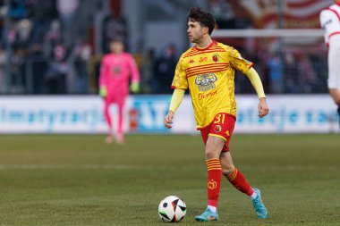 Leon Flach PKO BP Ekstraklasa maçında Krakovia ve Jagiellonia Bialystok takımları arasında Stadion Cracovii im 'de görüldü. Jozefa Pilsudskiego (Maciej Rogowski)