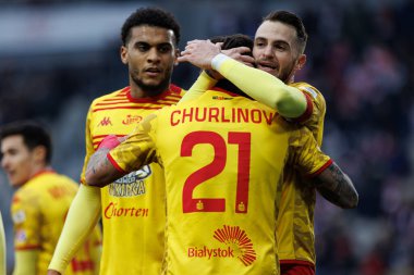 Darko Churlinov ve Jesus Imaz, Stadion Cracovii im 'de KS Krakovia ve Jagiellonia Bialystok takımları arasında oynanan PKO BP Ekstraklasa maçında gol attıktan sonra kutlama yaparken görüldü. Jozefa Pilsudskiego (Maciej Rogowski)