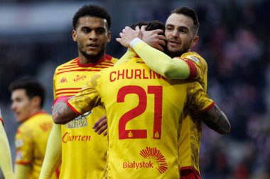 Darko Churlinov ve Jesus Imaz, Stadion Cracovii im 'de KS Krakovia ve Jagiellonia Bialystok takımları arasında oynanan PKO BP Ekstraklasa maçında gol attıktan sonra kutlama yaparken görüldü. Jozefa Pilsudskiego (Maciej Rogowski)