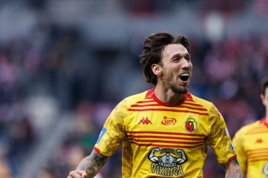 Darko Churlinov, PKO BP Ekstraklasa maçında Stadion Cracovii im 'deki KS Cracovia ve Jagiellonia Bialystok takımları arasında attığı golü kutlarken görüldü. Jozefa Pilsudskiego (Maciej Rogowski)