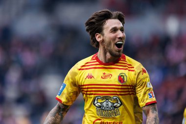 Darko Churlinov, PKO BP Ekstraklasa maçında Stadion Cracovii im 'deki KS Cracovia ve Jagiellonia Bialystok takımları arasında attığı golü kutlarken görüldü. Jozefa Pilsudskiego (Maciej Rogowski)