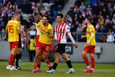 Darko Churlinov, PKO BP Ekstraklasa maçında Stadion Cracovii im 'deki KS Cracovia ve Jagiellonia Bialystok takımları arasında attığı golü kutlarken görüldü. Jozefa Pilsudskiego (Maciej Rogowski)