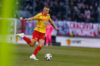 Norbert Wojtuszek, PKO BP Ekstraklasa maçında Krakovia ve Jagiellonia Bialystok takımları arasında Stadion Cracovii im 'de görüldü. Jozefa Pilsudskiego (Maciej Rogowski)