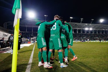 Radomiak oyuncuları, Stadyum Miejski im 'de Radomiak Radom ve Legia Warszawa takımları arasında oynanan PKO BP Ekstraklasa maçında Capita Capemba' dan gol üstüne gol atarken görüldü. Braci Czachorow (Maciej Rogowski)