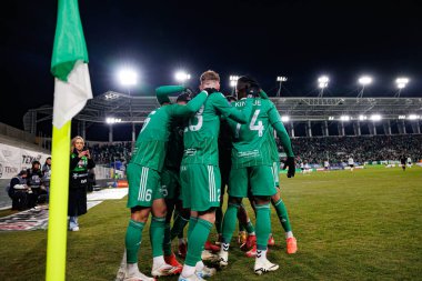 Radomiak oyuncuları, Stadyum Miejski im 'de Radomiak Radom ve Legia Warszawa takımları arasında oynanan PKO BP Ekstraklasa maçında Capita Capemba' dan gol üstüne gol atarken görüldü. Braci Czachorow (Maciej Rogowski)