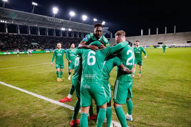 Radomiak oyuncuları, Stadyum Miejski im 'de Radomiak Radom ve Legia Warszawa takımları arasında oynanan PKO BP Ekstraklasa maçında Capita Capemba' dan gol üstüne gol atarken görüldü. Braci Czachorow (Maciej Rogowski)