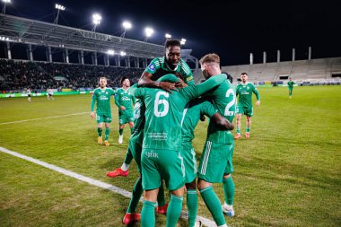 Radomiak oyuncuları, Stadyum Miejski im 'de Radomiak Radom ve Legia Warszawa takımları arasında oynanan PKO BP Ekstraklasa maçında Capita Capemba' dan gol üstüne gol atarken görüldü. Braci Czachorow (Maciej Rogowski)