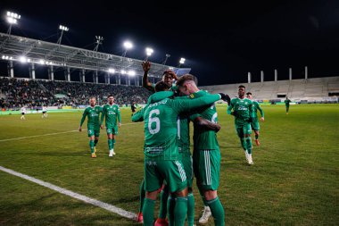 Radomiak oyuncuları, Stadyum Miejski im 'de Radomiak Radom ve Legia Warszawa takımları arasında oynanan PKO BP Ekstraklasa maçında Capita Capemba' dan gol üstüne gol atarken görüldü. Braci Czachorow (Maciej Rogowski)