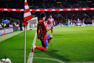 Julian Alvarez, LaLiga EA SPORTS maçında Estadio Civitas Metropolitano 'daki Atletico de Madrid ve Athletic Club takımları arasında gol attıktan sonra kutlama yaparken görüldü (Maciej Rogowski)