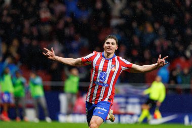 Julian Alvarez, LaLiga EA SPORTS maçında Estadio Civitas Metropolitano 'daki Atletico de Madrid ve Athletic Club takımları arasında gol attıktan sonra kutlama yaparken görüldü (Maciej Rogowski)