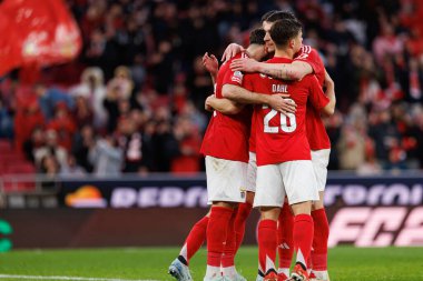 SL Benfica ve CD Nacional (Maciej Rogowski) takımları arasında Liga Portekiz maçında Orkun Kokcu 'dan gol üstüne gol atarak kutlanan Benfica oyuncuları görülüyor (Maciej Rogowski)