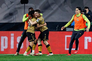 Real Sociedad 'ın oyuncuları, LaLiga EA SPORTS maçı sırasında Arkaitz Mariezkurrena' dan gol üstüne gol atarken Estadio de Vallecas 'ta Rayo Vallecano ve Real Sociedad de Futbol takımları arasında görüldü (Maciej Rogowski).)