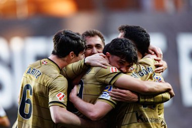 Real Sociedad oyuncuları LaLiga EA SPORTS maçında Estadio de Vallecas 'ta Rayo Vallecano ve Real Sociedad de Futbol takımları arasında Martin Zubimendi' den gol üstüne gol atarken görüldü (Maciej Rogowski))