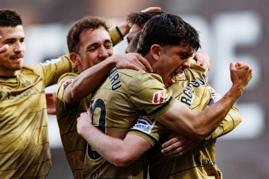 Real Sociedad oyuncuları LaLiga EA SPORTS maçında Estadio de Vallecas 'ta Rayo Vallecano ve Real Sociedad de Futbol takımları arasında Martin Zubimendi' den gol üstüne gol atarken görüldü (Maciej Rogowski))