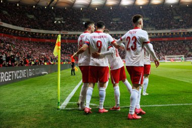 Polonyalı oyuncular, PGE Narodowy 'de (Maciej Rogowski) Polonya ve Litvanya milli takımları arasında oynanan Dünya Kupası 2026 Avrupa Ön eleme maçında Robert Lewandowski' nin attığı golün ardından kutlanıyor.)