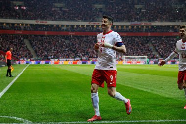Robert Lewandowski, PGE Narodowy (Maciej Rogowski) 'de Polonya ve Litvanya milli takımları arasındaki Dünya Kupası 2026 Avrupa ön eleme maçında gol attıktan sonra kutlama yaparken görüldü.)