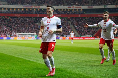Robert Lewandowski, PGE Narodowy (Maciej Rogowski) 'de Polonya ve Litvanya milli takımları arasındaki Dünya Kupası 2026 Avrupa ön eleme maçında gol attıktan sonra kutlama yaparken görüldü.)