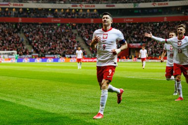 Robert Lewandowski, PGE Narodowy (Maciej Rogowski) 'de Polonya ve Litvanya milli takımları arasındaki Dünya Kupası 2026 Avrupa ön eleme maçında gol attıktan sonra kutlama yaparken görüldü.)