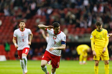 Robert Lewandowski, PGE Narodowy (Maciej Rogowski) 'de Polonya ve Litvanya milli takımları arasındaki Dünya Kupası 2026 Avrupa ön eleme maçında gol attıktan sonra kutlama yaparken görüldü.)