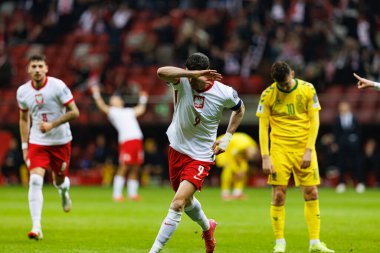 Robert Lewandowski, PGE Narodowy (Maciej Rogowski) 'de Polonya ve Litvanya milli takımları arasındaki Dünya Kupası 2026 Avrupa ön eleme maçında gol attıktan sonra kutlama yaparken görüldü.)