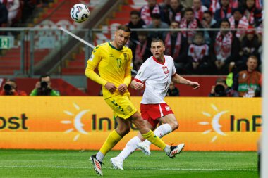 Pijus Sirvys ve Jakub Piotrowski, 2026 Dünya Kupası 'nda Polonya ve Litvanya milli takımları arasında PGE Narodowy (Maciej Rogowski)