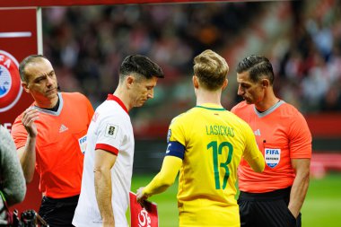 Robert Lewandowski, Justas Lasickas ve Anastasios Sidiropoulos, 2026 Dünya Kupası 'nda Polonya ve Litvanya milli takımları arasında PGE Narodowy' de oynanan Avrupa eleme maçında görüldü (Maciej Rogowski)