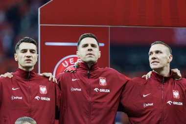 Jakub Kiwior, Jan Bednarek ve Lukasz Skorupski, 2026 Dünya Kupası 'nda Polonya ve Litvanya milli takımları arasında PGE Narodowy (Maciej Rogowski)