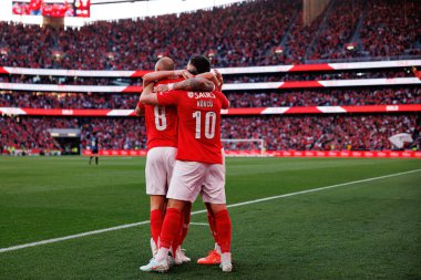 Benfica oyuncuları Liga Portekiz maçında SL Benfica ve FC Arouca (Maciej Rogowski) takımları arasında Orkun Kokcu 'dan gol üstüne gol atarken görüldü.)